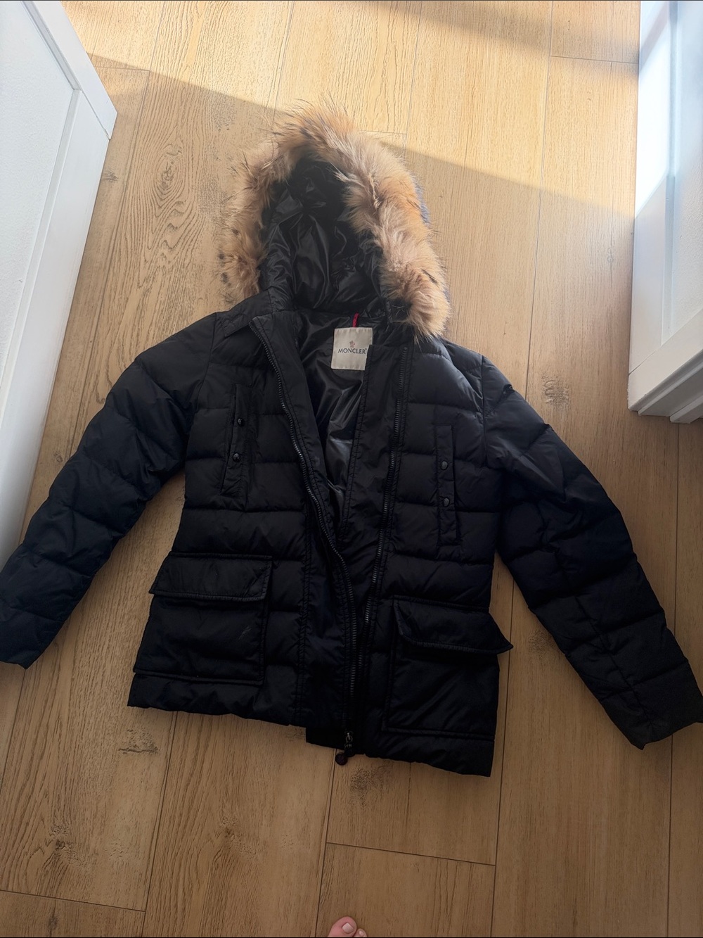 Moncler Black Quilted Down Parka with Fur-Trim Hood